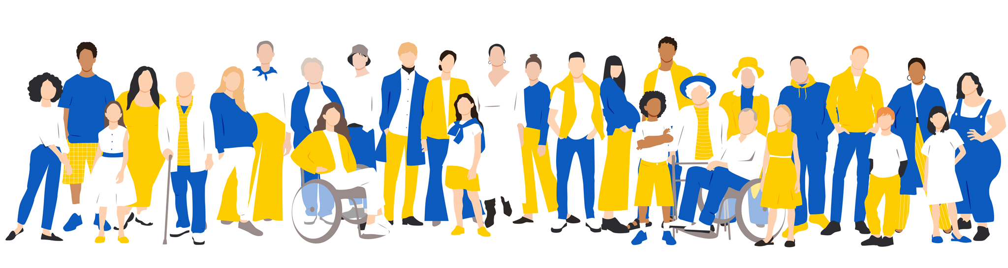 Eine Illustration einer vielfältigen Gruppe von Menschen unterschiedlichen Alters, Geschlechts und ethnischer Herkunft. Einige Personen sind im Rollstuhl, andere stehen. Sie tragen Kleidung in Blau, Weiß und Gelb und stehen in einer lockeren Gruppe zusammen. Die Szene vermittelt ein Gefühl von Gemeinschaft und Inklusion.