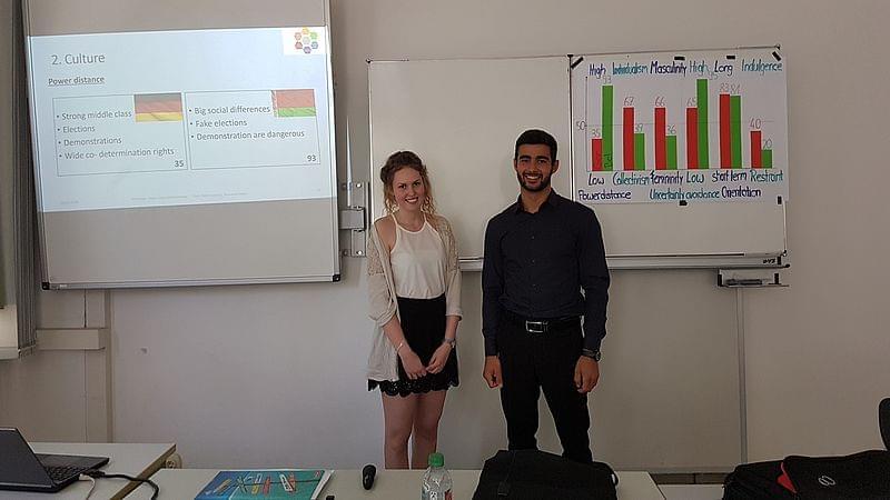 Zwei junge Menschen stehen lächelnd nebeneinander. Im Hintergrund eine Präsentation mittels Beamer und Whiteboard.