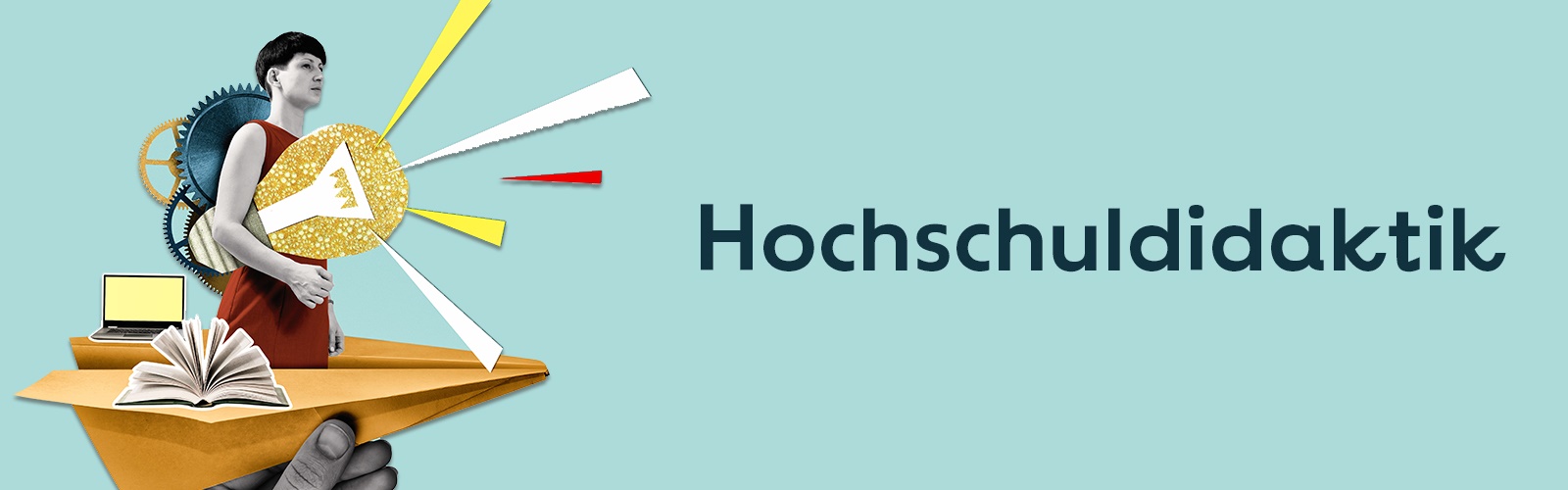 University Didactics HSN Links: Graphic, futuristic - a person is standing on a paper aeroplane, he is carrying various things. in his back are cogwheels.