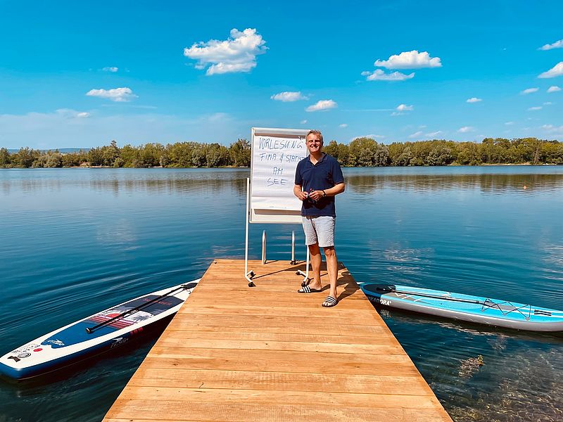 Professor Schäfer on the jetty of the gravel lake