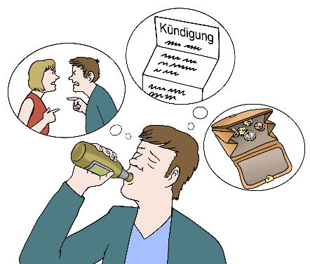Ein Mann trinkt Alkohol. Er denkt an Streit, Geld und eine Kündigung. Alkohol ist keine gute Lösung.