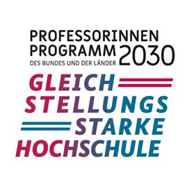 Logo des „Professorinnenprogramms 2030 des Bundes und der Länder“ mit dem Slogan „Gleichstellungsstarke Hochschule“. Die Worte „Gleichstellung“, „Starke“ und „Hochschule“ sind farblich hervorgehoben und grafisch unterstrichen.