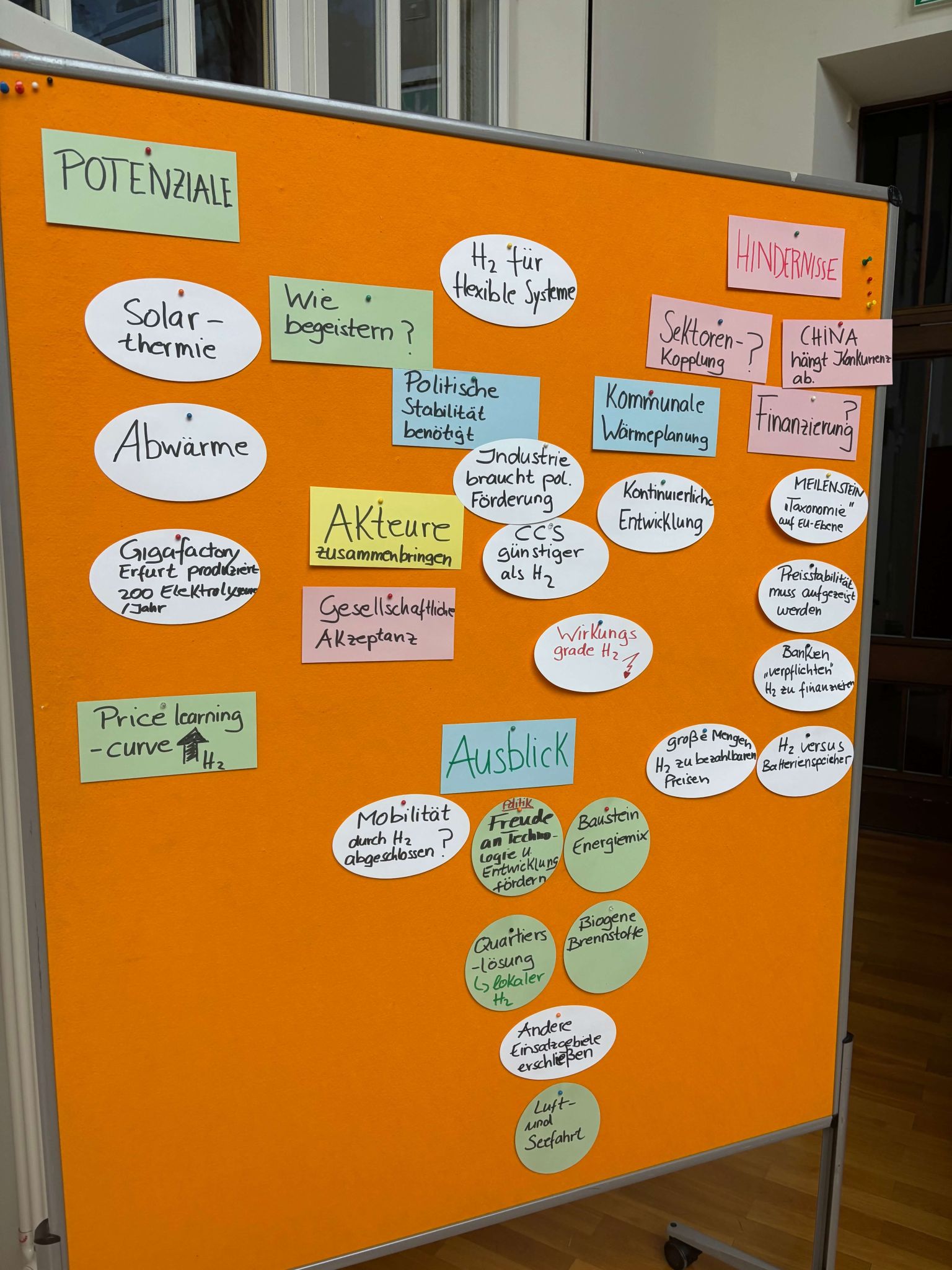 Orange pinboard with hand-labelled moderation cards on the potential, challenges and outlook for hydrogen use, including terms such as "solar thermal energy", "waste heat", "H₂ for flexible systems" and "Mobility completed by H₂?".