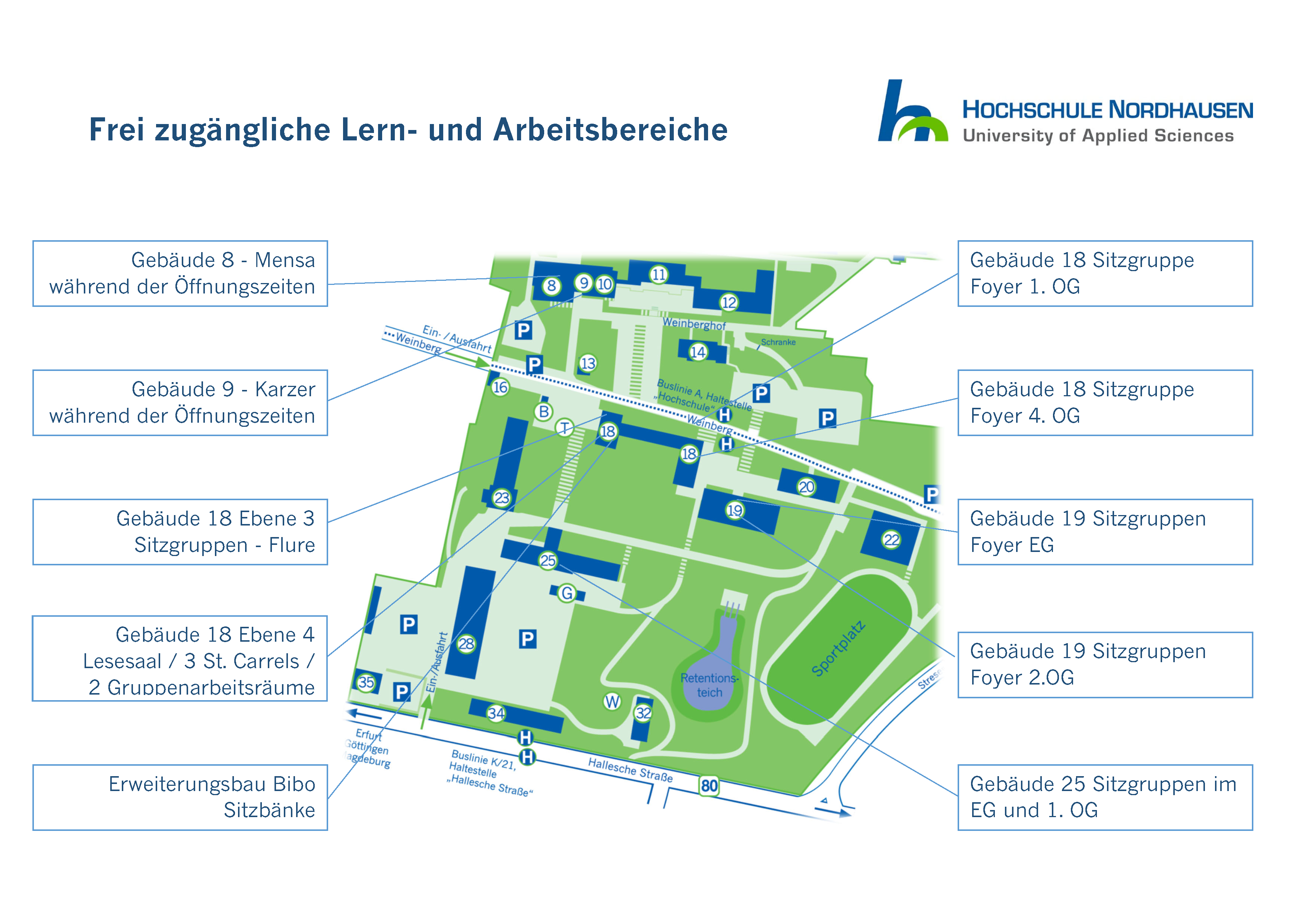 Campuskarte der Hochschule Nordhausen mit Markierungen für öffentlich zugängliche Lern- und Arbeitsbereiche. Diese befinden sich in Gebäuden 8 (Mensa), 9 (Karzer), 18 (mehrere Etagen mit Sitzgruppen und Gruppenarbeitsräumen), 19 (Sitzgruppen in EG und OG), 25 (Sitzgruppen) sowie im Erweiterungsbau der Bibliothek mit Sitzbänken.