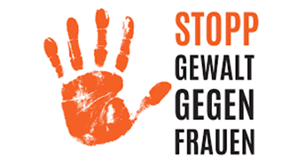 Ein Logo mit einem orangefarbenen Handabdruck links und dem Text „STOPP GEWALT GEGEN FRAUEN“ in versetzten Großbuchstaben rechts daneben.