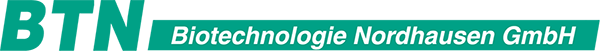 Lettering „BTN Biotechnologie Nordhausen GmbH“ in turquoise on a black background.