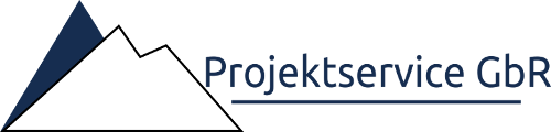 Logo of Projektservice GbR with stylised, white-blue mountain symbol on the left and the company name on the right in blue lettering with underlining.