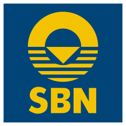 Yellow logo on a blue background with a circular symbol and stylised sun above waves and the letters „SBN“ underneath.