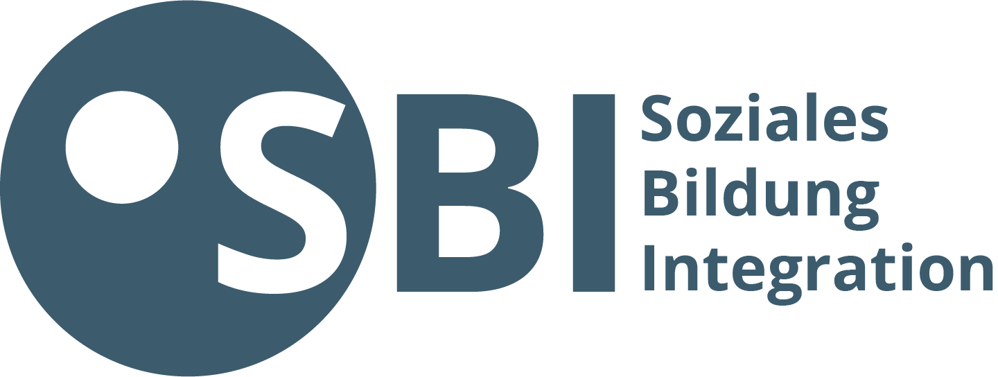 Blue logo with a circle and the letters „SBI“. To the right is the lettering „Soziales Bildung Integration“ (Social Education Integration), one above the other.