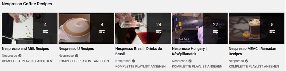 The image shows five adjacent video playlists under the heading „Nespresso Coffee Recipes“