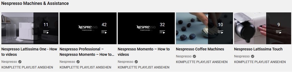 Screenshot of the Nespresso YouTube playlists for machines and assistance, including 'how-to' videos for the Lattissima and Momento models.