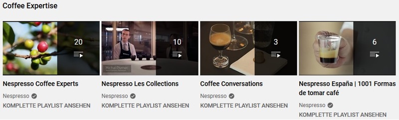 Screenshot of the Nespresso YouTube playlists on the topic of coffee expertise, with content on expert knowledge, collections and coffee culture.