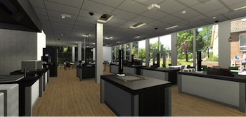 This illustration shows a computer-aided visualisation of a modern, scientifically equipped research restaurant