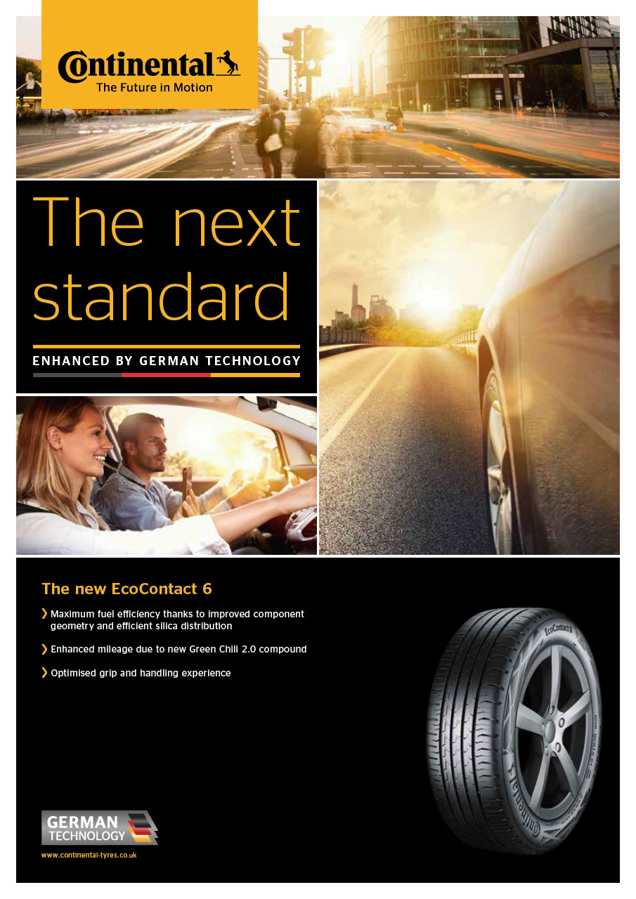 The advert is divided into several segments. The upper part shows the yellow Continental logo and a city street scene. Below this, on the left, is the slogan „The next standard - ENHANCED BY GERMAN TECHNOLOGY“. To the right is a sunny country road from the driver's perspective, to the left a smiling couple in a car. The lower part is black and shows a cut-out tyre with rim and three bullet points on fuel efficiency, mileage and grip.