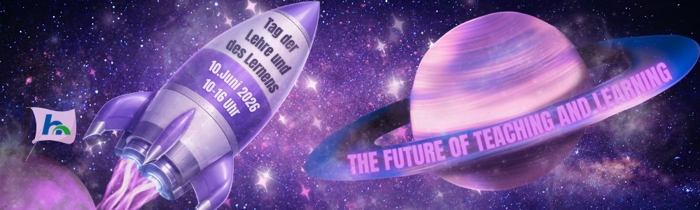 Illustration of a rocket taking off in space with the words „Teaching and Learning Day“ and the date 10 June 2026 at Nordhausen University of Applied Sciences on the topic of the future of studying and teaching.